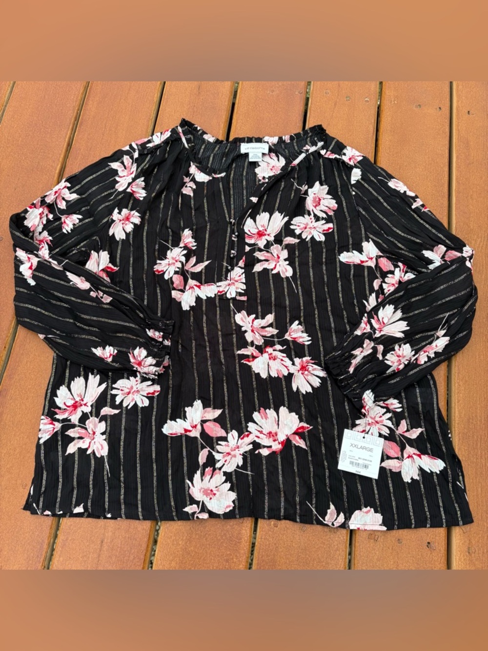 Liz Claiborne Black Floral Long Sleeve Blouse with Pink & White Flowers